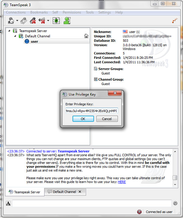 Generate privilege key teamspeak 3